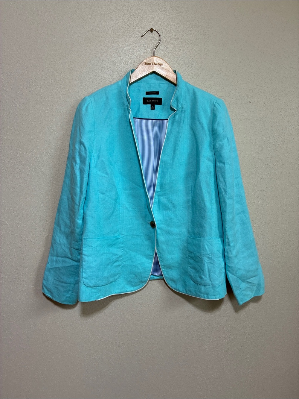 Talbots Size 10 Turquoise Aberdeen Linen Blazer Classic Spring Office Career